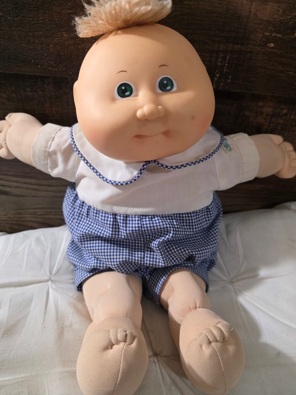 Blue Gingham Cloth Body Doll with Vinyl Head, Hands, and Feet and Green Eyes